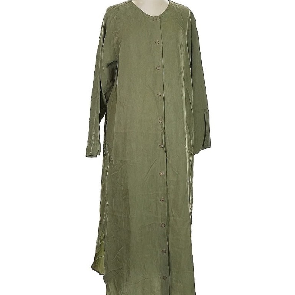 SOLIKA olive green cupro button up long sleeve midi shirt dress - Picture 3 of 5